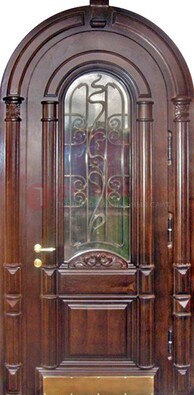 Арочная металлическая дверь массив со стеклом и ковкой ДА-50 в Истре