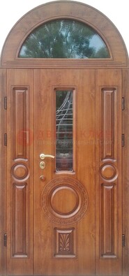 Двустворчатая железная дверь МДФ со стеклом в форме арки ДА-52 в Истре