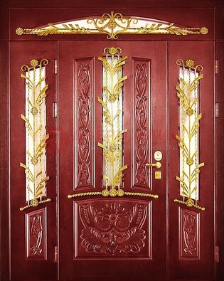 Бордовая железная парадная дверь со стеклом и ковкой ДПР-75 в Истре