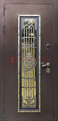 Железная дверь цвета медный антик со стеклом и ковкой ДСК-105 в Истре