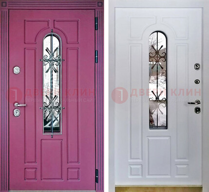 Розовая металлическая дверь со стеклом и ковкой ДСК-151 в Истре