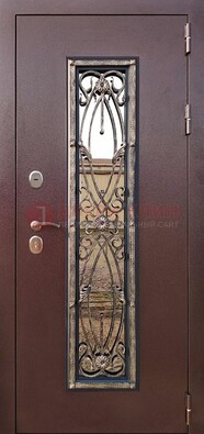 Коричневая стальная дверь порошок со стеклом и ковкой для дома ДСК-169 в Истре