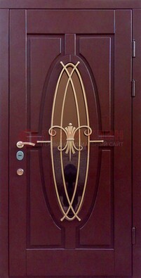 Бордовая стальная дверь Винорит со стеклом и ковкой ДСК-263 в Истре