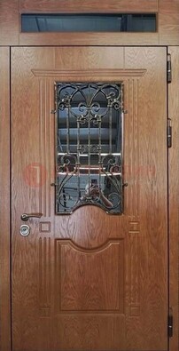 Металлическая входная дверь со стеклом и ковкой для дома ДСК-96 в Истре