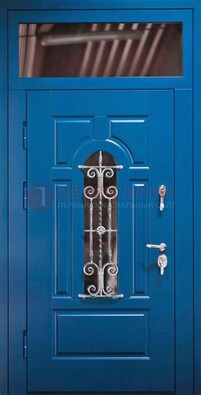 Синяя железная филенчатая дверь со стеклом и ковкой ДСК-97 в Истре