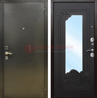Железная темная дверь c порошковым напылением и МДФ с узором и зеркалом ДЗ-111 в Истре