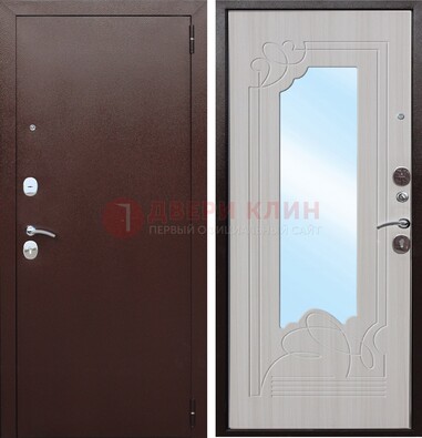 Коричневая металлическая дверь с зеркалом МДФ внутри ДЗ-33 в Истре