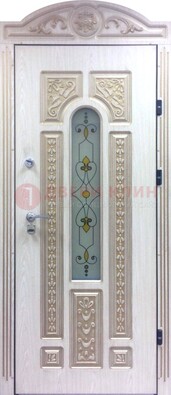 Белая железная дверь с МДФ и витражом ВЖ-26 в Истре
