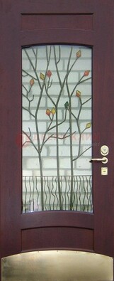 Бордовая стальная дверь с витражом и декоративным элементом ВЖ-3 в Истре